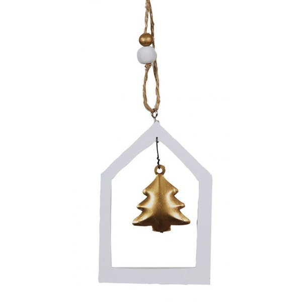 Χριστουγεννιάτικο Κρεμαστό Ξύλινο Σπιτάκι, με Χρυσό Δεντράκι και Χάντρες (20cm)